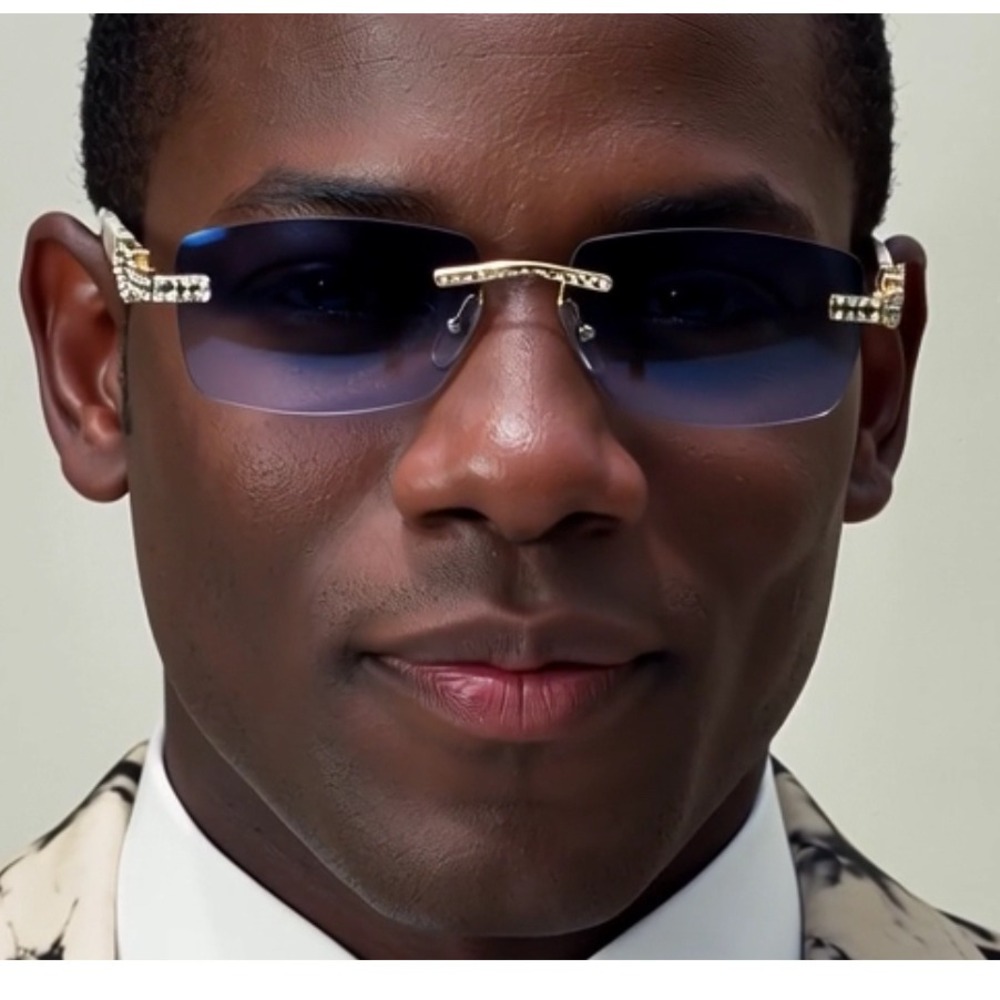 Diamond Rimless Men Sunglasses Blue Lens Rhinestone Accents Square Street Wear